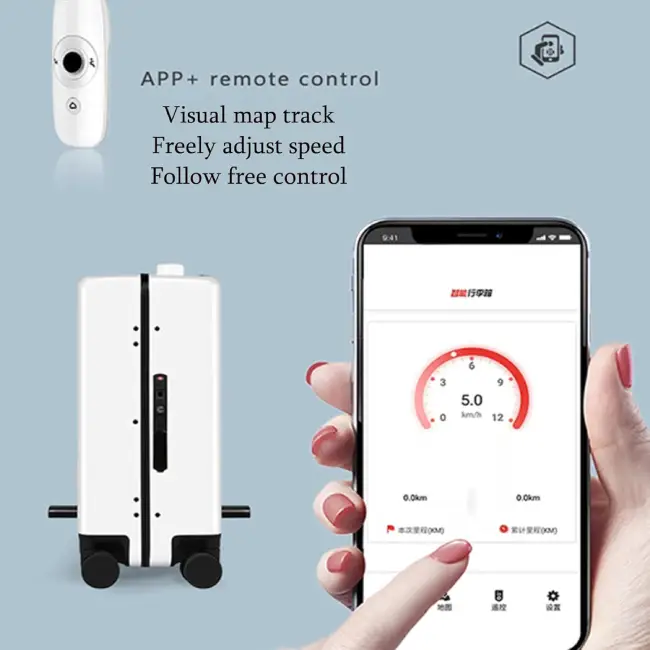 App de control remoto de la maleta Autofollow Generic, seguimiento visual y ajuste de velocidad en tiempo real.