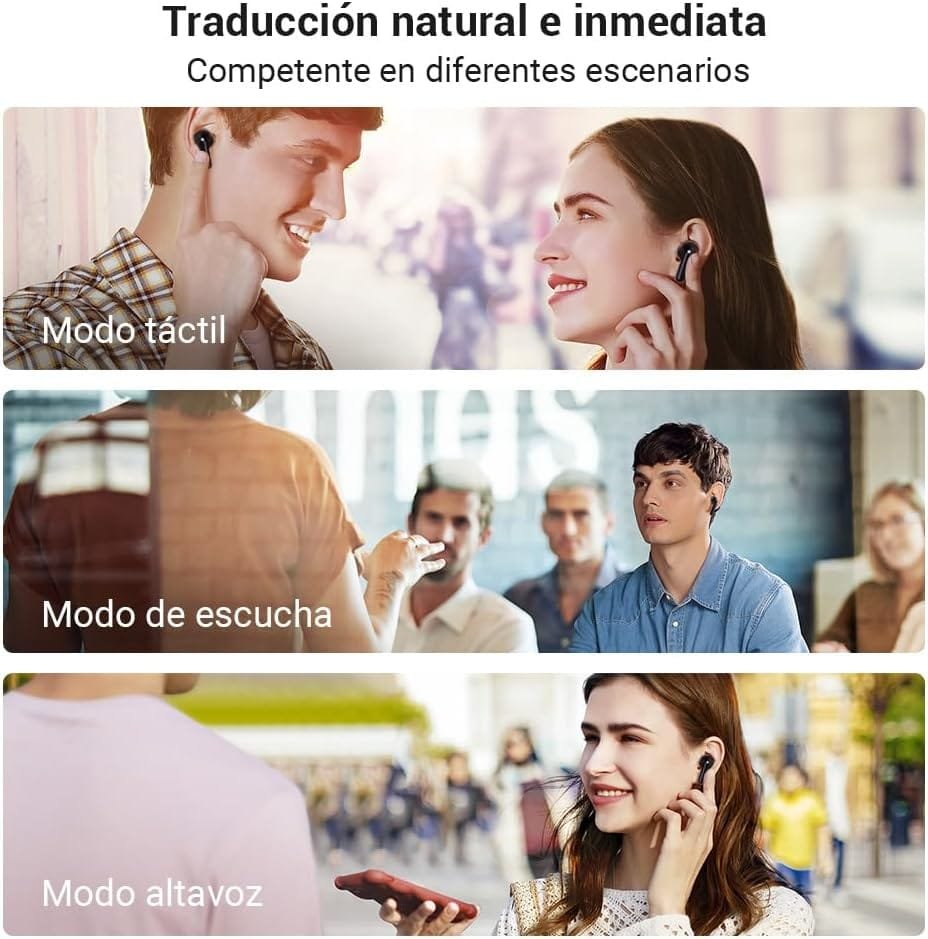 Modos de uso del traductor Timekettle M3: modo táctil tocando el auricular 🎧, modo escucha en ambientes grupales 🧑‍🏫 y modo altavoz para traducción directa 🔊. Traducción natural en tiempo real en varios escenarios.