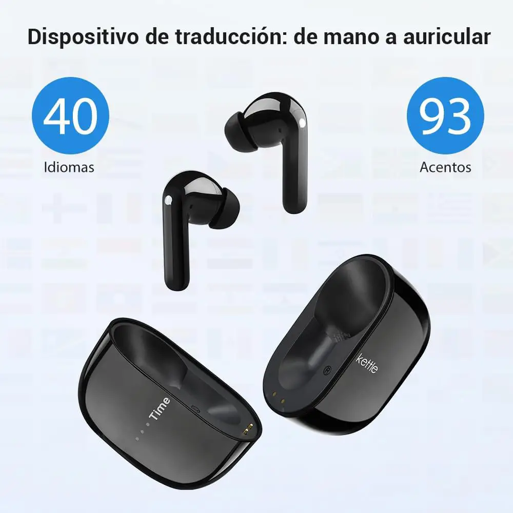 “Auriculares Timekettle M3 con IA: traducción rápida en 40 idiomas y 93 acentos desde el oído. Diseño negro elegante con modo auricular.💬⏳ 🌍.