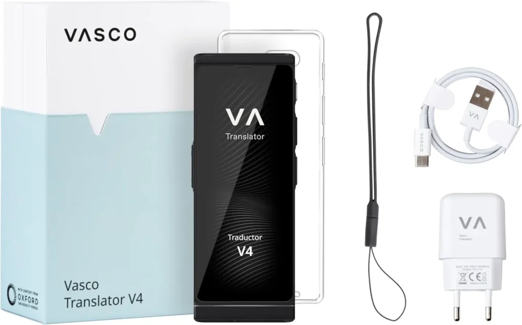 Componentes del Traductor de Voz Instantaneo  Vasco V4: Dispositivo Traductor, Cargador USB Tipo-C, Cable de Carga y Correa para Mano