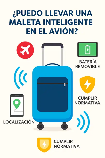 nfografía en español sobre normas para llevar una maleta inteligente en el avión, con iconos de batería extraíble, cabina, seguridad TSA y consejos de viaje.