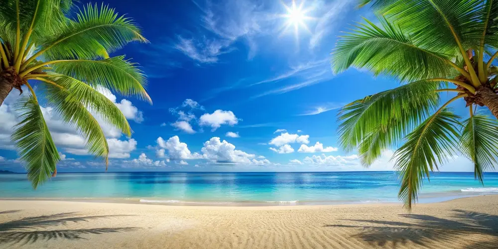 Playa de arena Blanca con Palmeras.