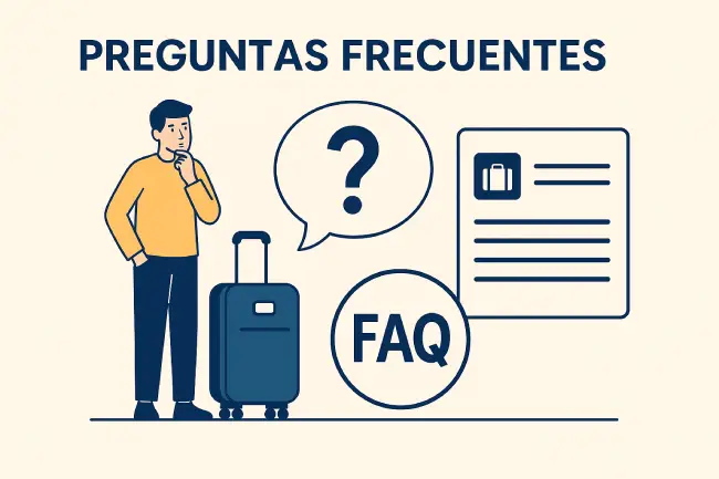 Infografía en español con un viajero, una maleta inteligente y símbolos de pregunta para la sección de Preguntas Frecuentes  de la entrada sobre Maletas 🧠 