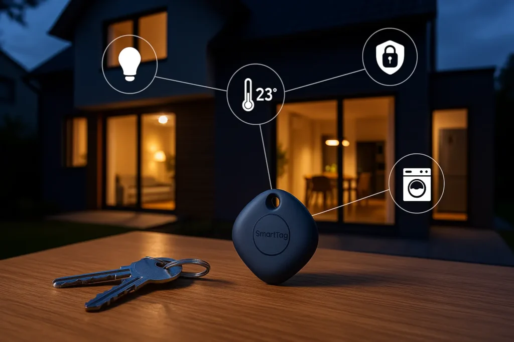 "Samsung SmartTag en hogar inteligente: controla luces, temperatura, lavadora y seguridad con SmartThings. 🏠📲🔒💡