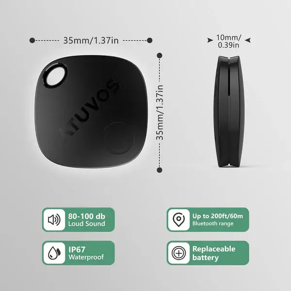 )
📏 Localizador ATUVOS negro con medidas de 35x35x10 mm, resistencia al agua IP67 💧 y sonido de 80-100 dB 🔊