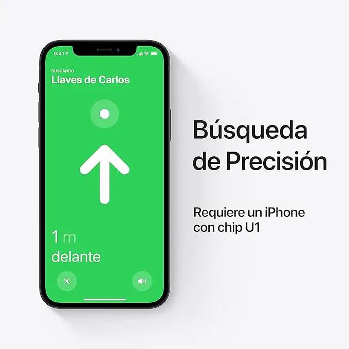 AirTag de Apple mostrando la función de Búsqueda de Precisión en un iPhone compatible con UWB , ihone 11 o posterior, guiando al usuario hacia su objeto con localización milimétrica.