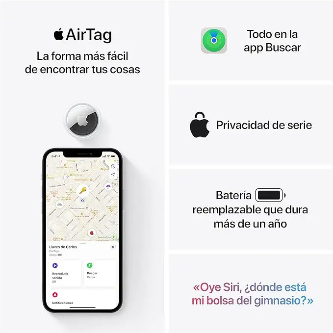 iPhone mostrando la app Buscar junto a un AirTag de Apple, resaltando las características clave del dispositivo como privacidad, batería reemplazable y compatibilidad con Siri.