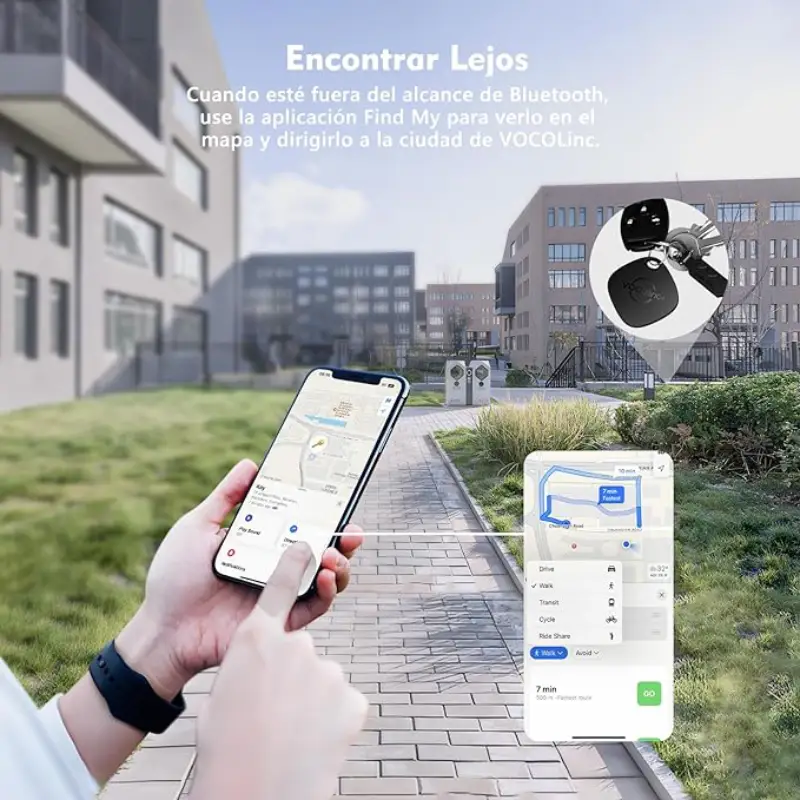 Localizador VOCOlinc utilizado para encontrar objetos fuera del alcance de Bluetooth mediante la aplicación Buscar de Apple