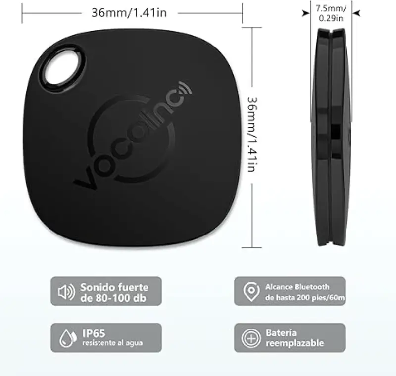 📏 Medidas del VOCOlinc Tag Smart Tracker: Rastreador Bluetooth compacto y funcional, diseñado para localizar objetos con precisión. Compatible con Apple Find my 📱
