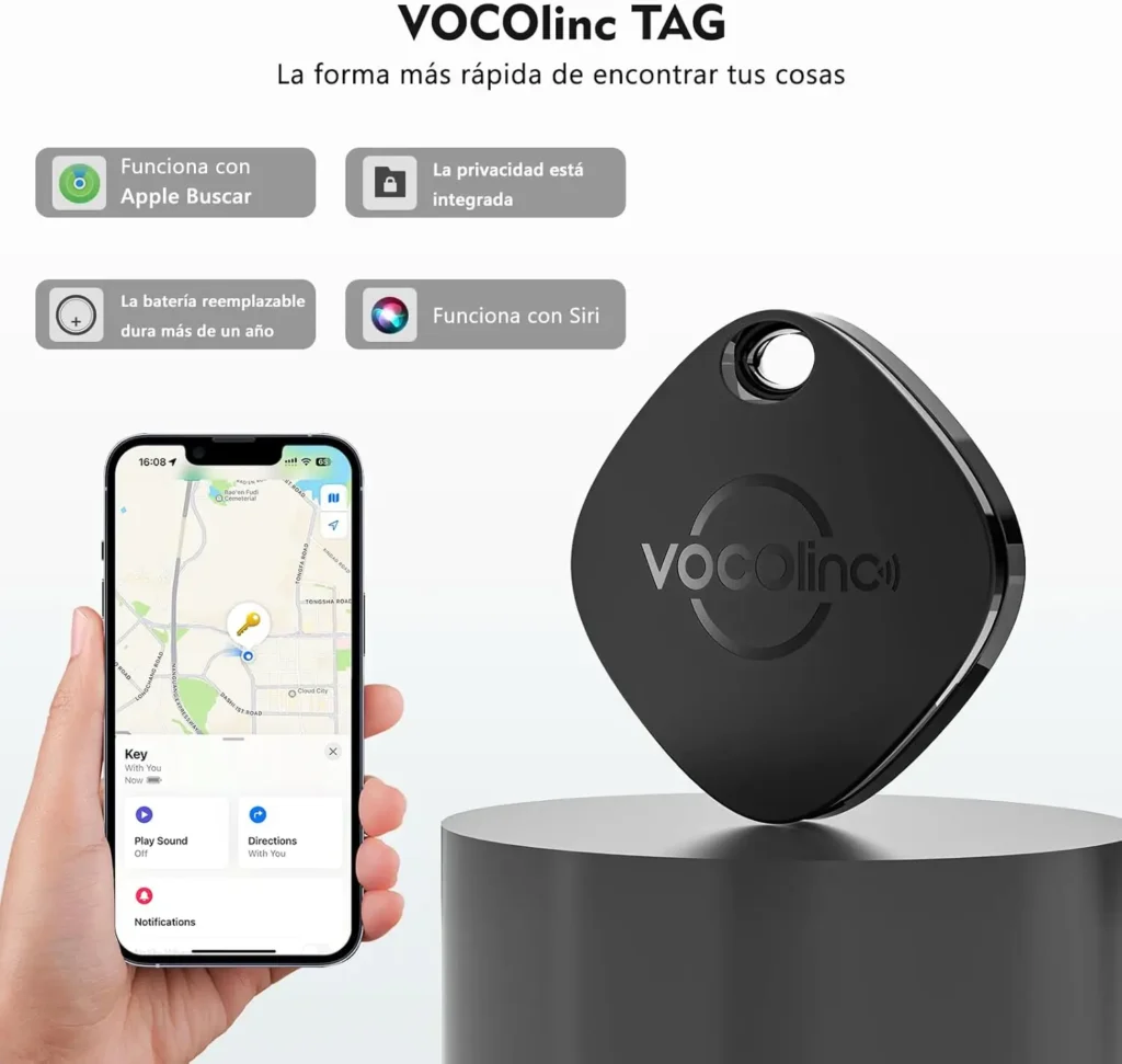 🔍 VOCOlinc TAG: rastreador Bluetooth compacto 🖤 compatible con Apple Buscar y Siri, con batería reemplazable 🔋 y diseño en color negro.