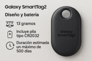 Detalles del SmartTag2: pesa solo 13g, incluye pila tipo CR2032 y ofrece hasta 500 días de duración 🔋✅