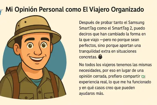 Ilustración del Viajero Organizado ofreciendo su opinión sobre los Samsung SmartTag y SmartTag 2 para viajar con mayor seguridad