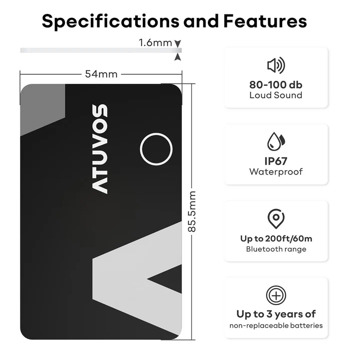 📏 Localizador ATUVOS en formato tarjeta con medidas de 85.5x54x1.6 mm, resistente al agua IP67 💧, sonido de 80-100 dB 🔊 y batería no reemplazable de hasta 3 años de duración 🔋