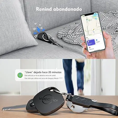 🔑 Rastreador Bluetooth VOCOlinc Tag localizando objetos perdidos en el sofá mediante Apple Buscar y notificación de abandono. Ideal para encontrar tus llaves y mantener todo bajo control 📲.