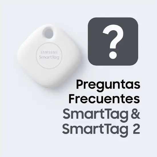 Samsung SmartTag y SmartTag 2 junto a icono de pregunta para ilustrar la sección de Preguntas Frecuentes sobre su funcionamiento, compatibilidad y uso en viajes.