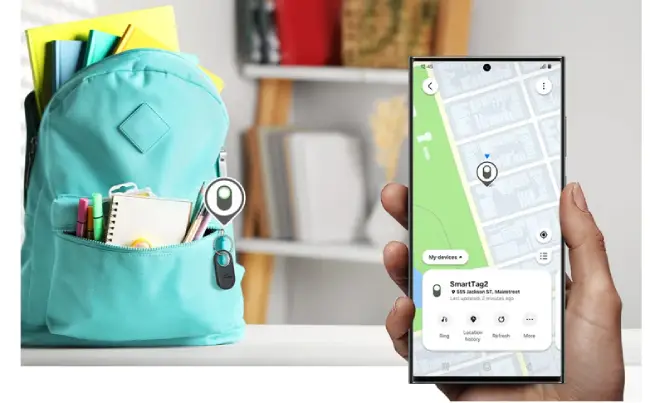 Mochila de viaje con SmartTag ilustrando la seguridad, privacidad y protección de datos al usar localizadores Samsung en viajes.