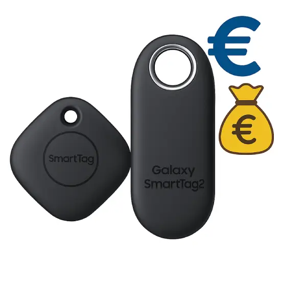 Imagen del Samsung SmartTag y SmartTag 2 juntos con símbolo de euro y bolsa de dinero para ilustrar la sección sobre el coste y precios de ambos localizadores.