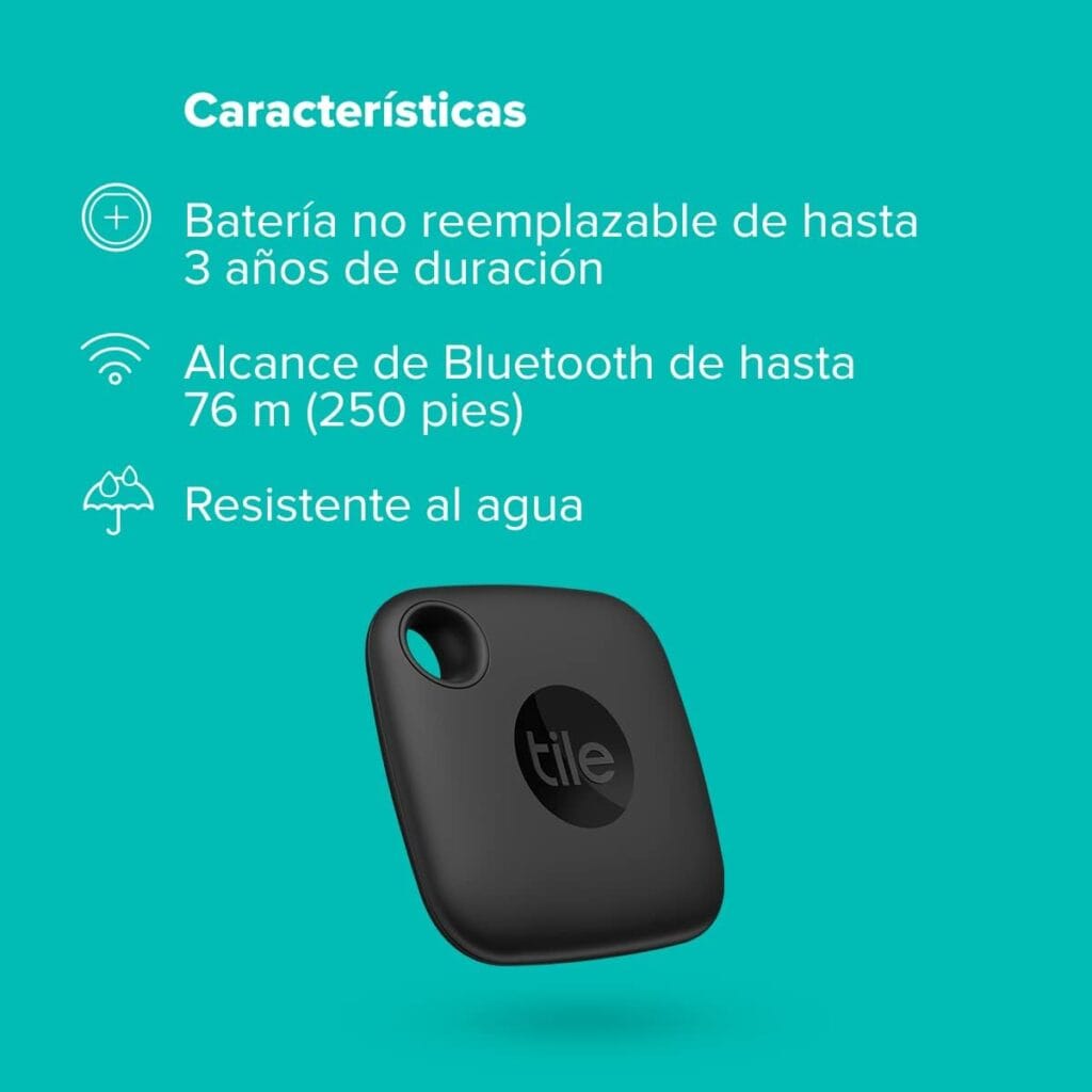 Características del Tile Mate: 3 años de batería, Bluetooth de hasta 76 metros y resistencia al agua IP67. 💡📶💧
