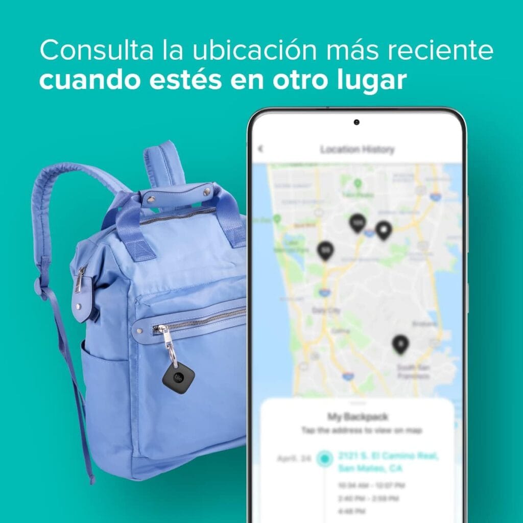 Ubicación más reciente del Tile Mate mostrada en la app móvil. Perfecto para rastrear mochilas o maletas desde cualquier lugar. 📍📱