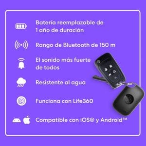📋 Ficha técnica del Tile Pro 2024: Bluetooth 150 m 📶, IP68 💧, batería 1 año 🔋, app Life360.