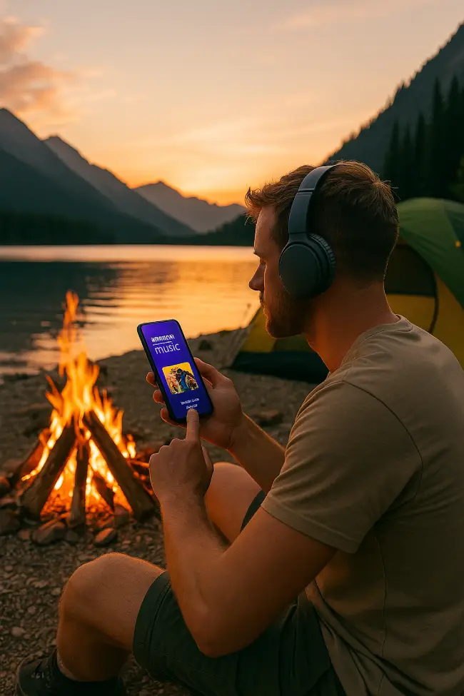 Joven aprovechando la prueba gratuita de Amazon Music Unlimited 🎧 en vacaciones mientras acampa con hoguera 🔥 frente al mar 🌊 en la montaña ⛰️.