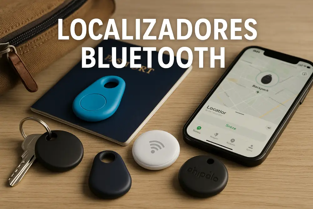 Localizadores Bluetooth sobre una mesa con llaves, pasaporte y móvil mostrando la ubicación de un objeto perdido.