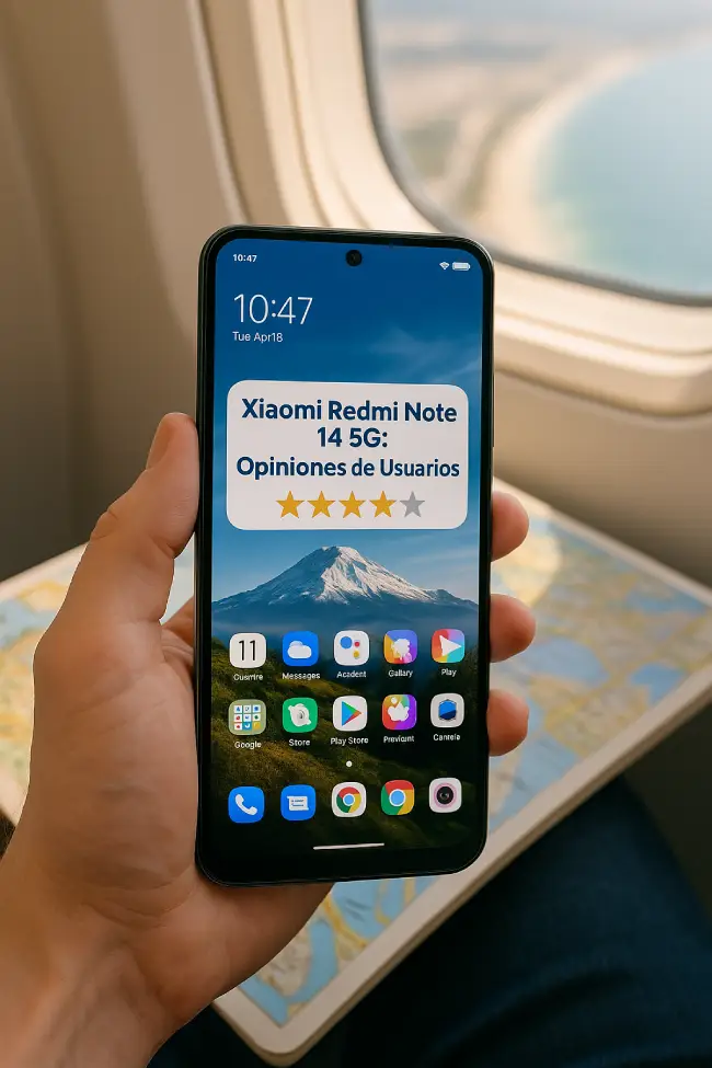 Imagen del Xiaomi Redmi Note 14 5G en uso durante un viaje, destacando su pantalla AMOLED de 6.67 pulgadas y diseño moderno.