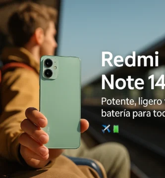 Móvil Xiaomi Redmi Note 14 5G en color verde menta sostenido por un viajero en estación de tren, ideal para viajar con buena batería y conectividad 5G