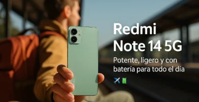 Móvil Xiaomi Redmi Note 14 5G en color verde menta sostenido por un viajero en estación de tren, ideal para viajar con buena batería y conectividad 5G