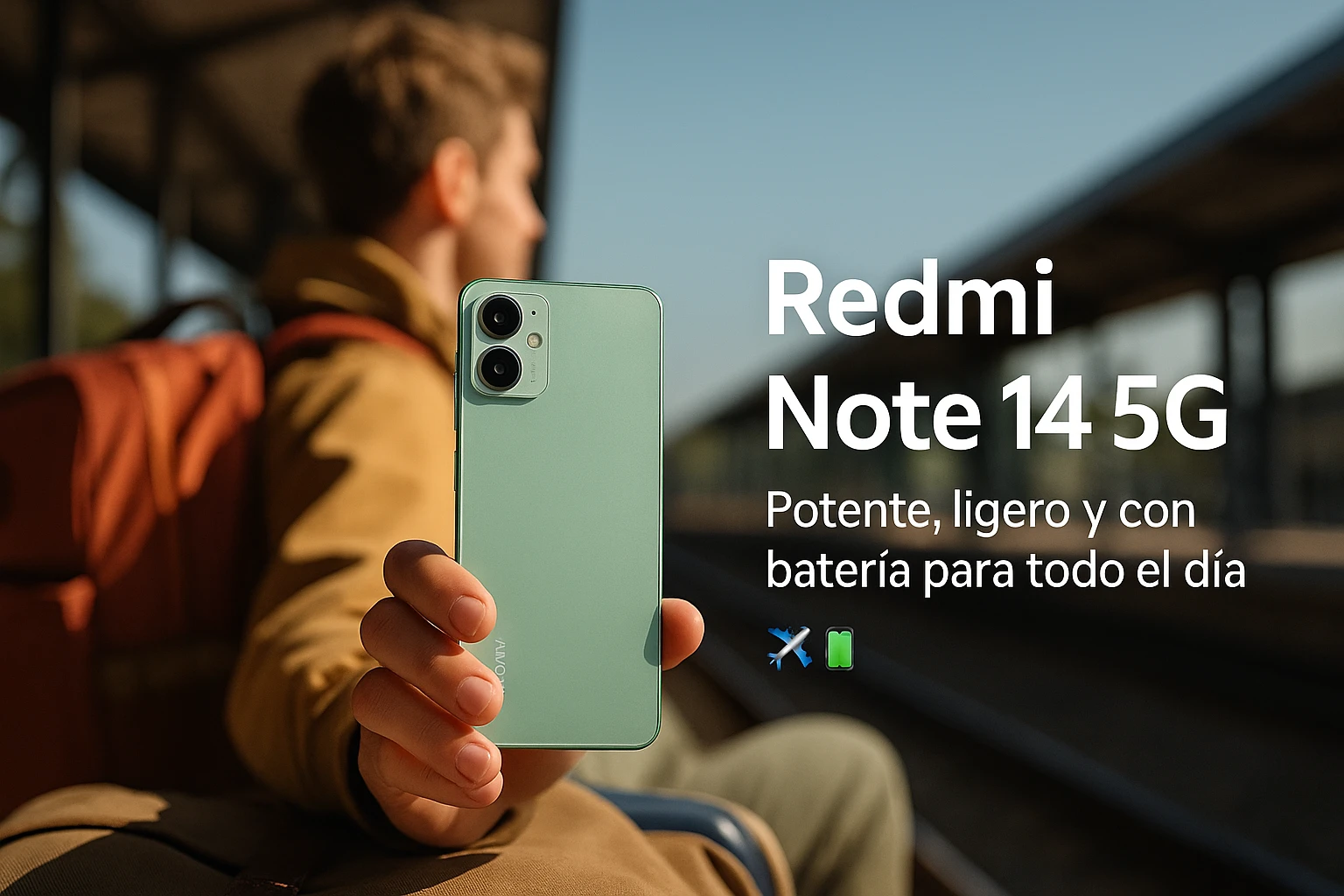 Móvil Xiaomi Redmi Note 14 5G en color verde menta sostenido por un viajero en estación de tren, ideal para viajar con buena batería y conectividad 5G