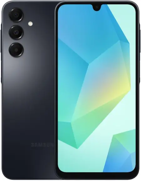 Samsung Galaxy A16 LTE de 128 GB en color negro con pantalla HD+ y cámara triple trasera.
