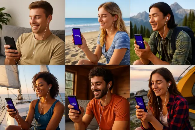 Amigos usando Amazon Music Unlimited simultáneamente 🧑🤝🧑: desde casa 🛋️, en la playa 🏖️, montaña ⛰️ o barco de vela ⛵ con el Plan Familiar 🎧🎶