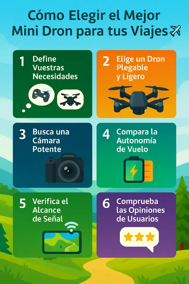 Infografía con 6 consejos para elegir el mejor mini dron para viajar: definir necesidades, elegir dron plegable, buena cámara, autonomía, alcance y opiniones.
