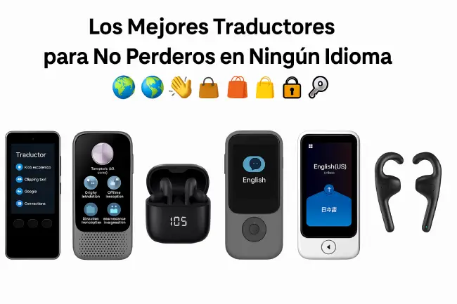 Imagen comparativa de traductores inteligentes portátiles ideales para viajes en 2025. Dispositivos compactos, con diseño moderno y tecnología de traducción por voz. Perfectos para entender otros idiomas durante tus aventuras por el mundo