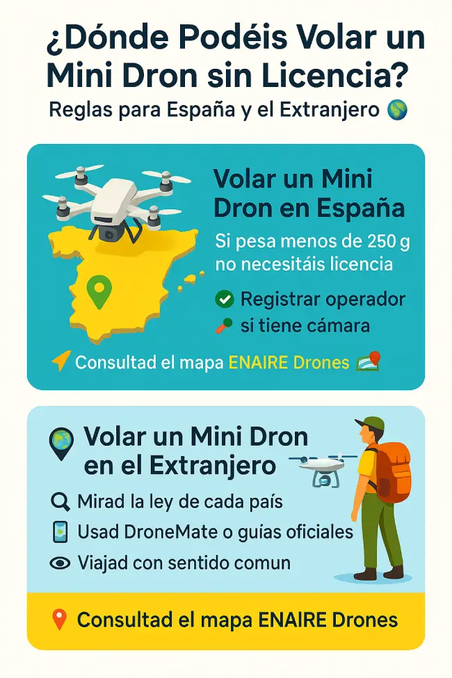 Mapa visual que muestra dónde podéis volar un mini dron sin licencia 🛫 en España 🇪🇸 y otros países del mundo 🌍, con normas y consejos para volar con seguridad y sin multas 📋🚁