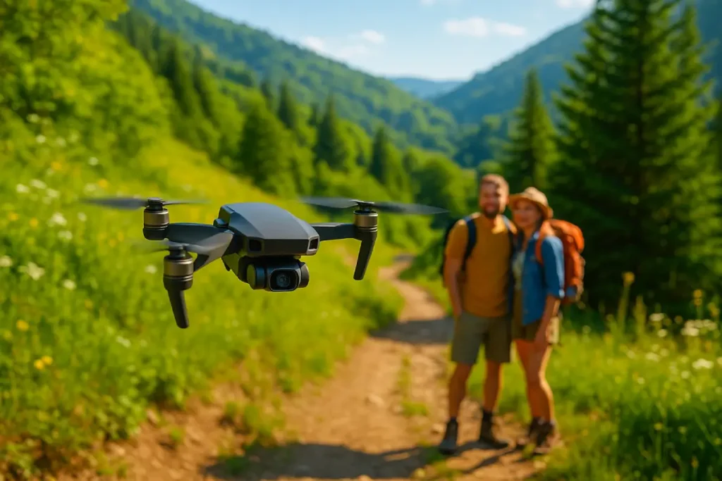 Mini dron grabando a una pareja de viajeros en un sendero de montaña con paisaje verde y cielo azul. Ideal para aventuras al aire libre.