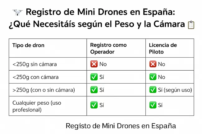 Tabla visual con los requisitos para registrar un mini dron en España según su peso y si tiene o no cámara. Incluye información sobre el registro como operador y la licencia de piloto en función del uso recreativo o profesional. 🛩️✅📷