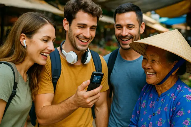 Grupo de viajeros usando traductor de voz portátil para charlar con una vendedora local en un mercadillo internacional, conexión cultural real y sin idioma 🧕🎧🌍
