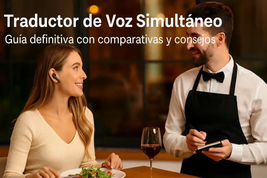 🧏♀️ Mujer usando un traductor de voz simultáneo en un restaurante 🥗 mientras conversa con el camarero 👨🍳. Guía definitiva con comparativas y consejos 🔍✅.