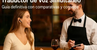 🧏♀️ Mujer usando un traductor de voz simultáneo en un restaurante 🥗 mientras conversa con el camarero 👨🍳. Guía definitiva con comparativas y consejos 🔍✅.