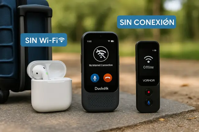 Traductores de voz sin conexión para viajes: Vasco M3, Timekettle, EFOTIML y Duckdik, ideales para traducir sin Wi-Fi ni datos móviles.
