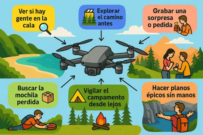 Infografía creativa con ejemplos originales para usar un mini dron con cámara en viajes: grabar pedida de mano, buscar mochila, explorar rutas, vigilar el campamento y más.