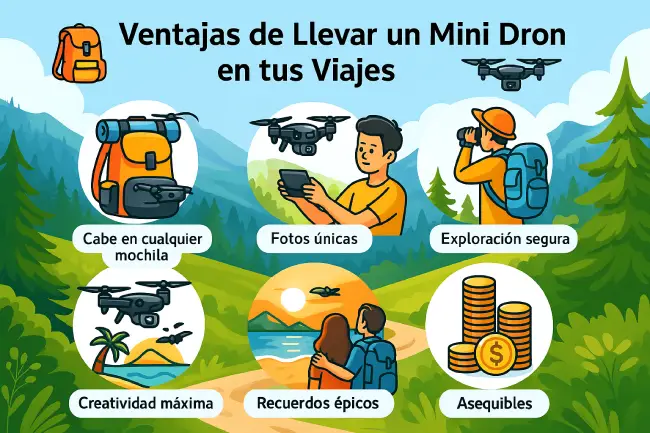 Infografía con ventajas de llevar un mini dron en viajes: fotos únicas, creatividad, recuerdos épicos, exploración segura y modelos asequibles.