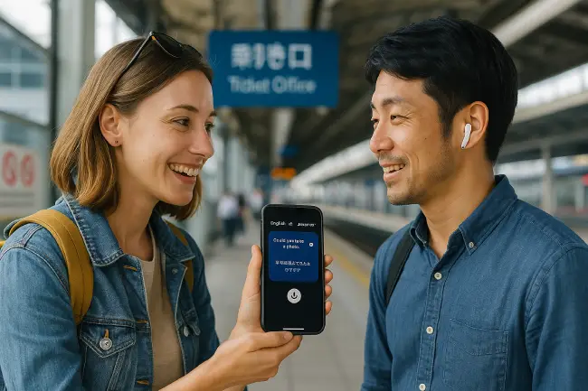 Mujer joven utilizando traductor de voz simultáneo con auriculares en una estación de tren moderna durante su viaje. Comunicación sin barreras gracias a la tecnología. 🎧🌍🚄