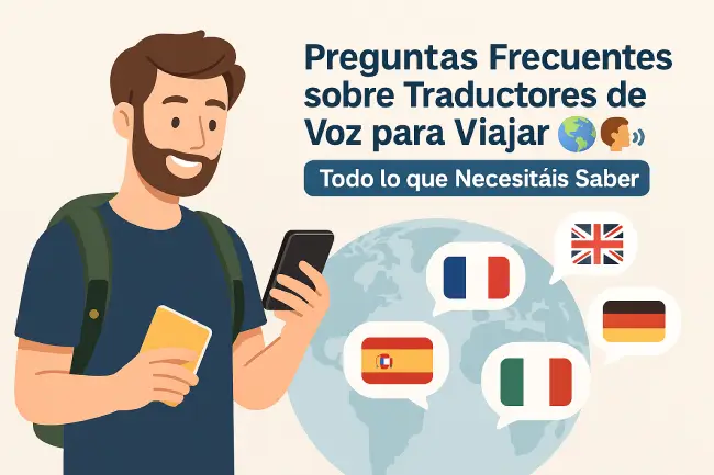 Viajero consultando dudas sobre traductores de voz simultáneos en su tablet mientras organiza su próximo viaje ✈️🌍