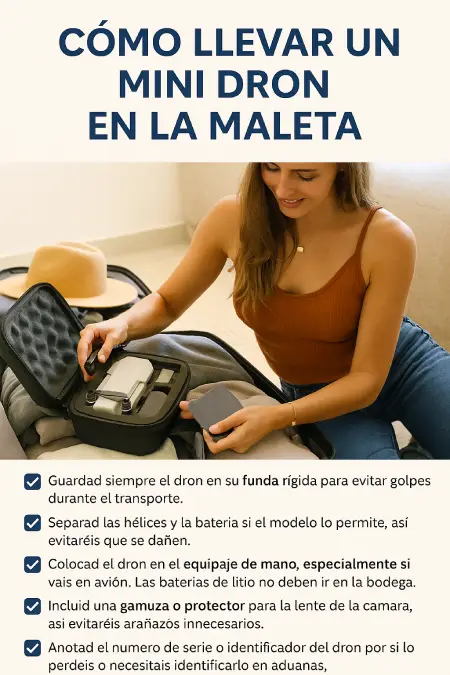 ¿Vais a viajar con vuestro mini dron y no sabéis cómo transportarlo correctamente? Aquí os dejamos una guía completa con consejos prácticos para que podáis llevarlo sin riesgos, cumpliendo normas y evitando disgustos. ¡Tomad nota!