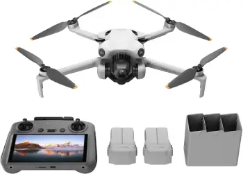 Dron DJI Mini 4 Pro con cámara 4K HDR, control remoto con pantalla, 2 baterías y cargador triple ⚡. Ideal para vídeos profesionales sin licencia gracias a su peso inferior a 249 g 🛩️📷.