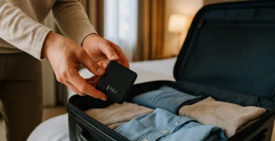 Persona colocando un localizador GPS en una maleta de viaje dentro de un hotel para tenerlo todo bajo control desde el móvil Persona colocando un localizador GPS en una maleta de viaje dentro de un hotel para tenerlo todo bajo control desde el móvil
