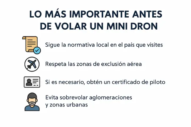 Infografía en español con los requisitos para volar un mini dron en 2024 ✈️📸. Incluye consejos clave sobre edad mínima, normativa AESA, zonas permitidas y seguros recomendados. Ideal para viajeros que quieren volar su dron sin problemas legales.