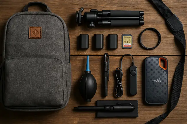 Accesorios imprescindibles para viajar con cámara: mochila fotográfica, trípode compacto, baterías extra, tarjetas de memoria, filtros ND, disparador remoto, kit de limpieza y SSD portátil.